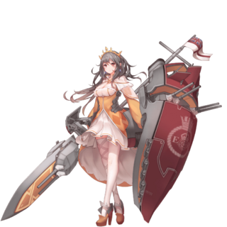 手持武器包方案另一例：《战舰少女》中的伊丽莎白女王。和声望“手持大号模型”的方案比起来，舰载武器拟物化成矛盾组合的方案明显更加自然。