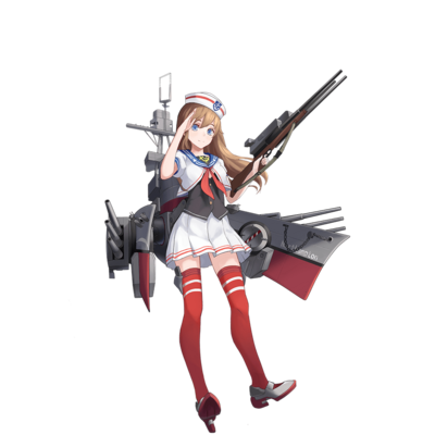 再举个栗子，同样是《战舰少女》的角色。这是北安普顿号重巡洋舰，她的一个主炮炮塔被加工成一杆三管步枪。