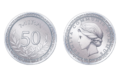 《英雄传说 轨迹系列》中塞姆利亚大陆的通用货币为“米拉”（Mira），图中为一枚50米拉硬币，一面为面额，另一面有“Zemlya Communis Nummus”（塞姆利亚通用货币）的字样