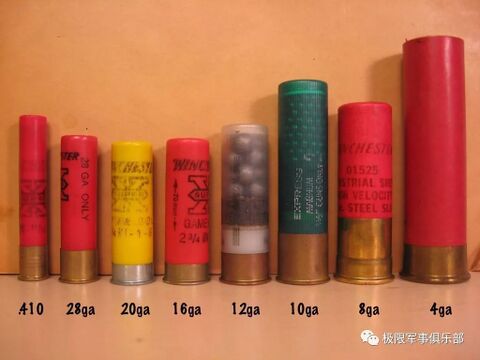 历史上几种较常见的霰弹枪弹药。从左到右口径分别是：0.41英寸、28铅径、20铅径、16铅径、12铅径、10铅径、8铅径、4铅径（后两个已经超过了20毫米成为了“炮弹”）。当代一般认为12铅径霰弹枪最为实用，世界各地的主力军用霰弹枪也都是这个口径。