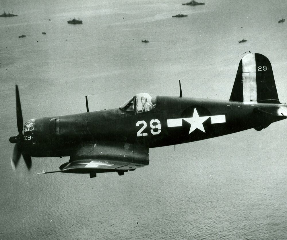 An F4U-1D Corsair of VF-10 off the carrier Intrepid (CV 11) pictured in flight near Okinawa..jpg