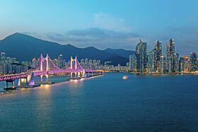 Gwangan Bridge, Busan, lighted up in purple for BTS, June 2019.jpg
