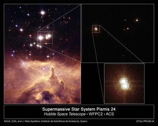 “圆神”的“裙摆”下的Pismis 24-1双星 （图由哈勃太空望远镜拍摄）