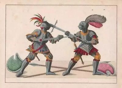 一副描绘两名身着板甲的击剑手使用半剑式对决的画作。